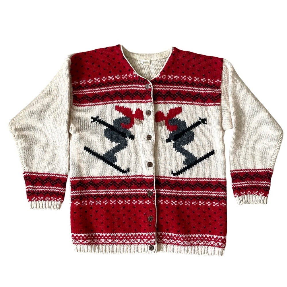 VINTAGE Oversized Wool Knit Downhill Ski Novelty Cardigan Medium